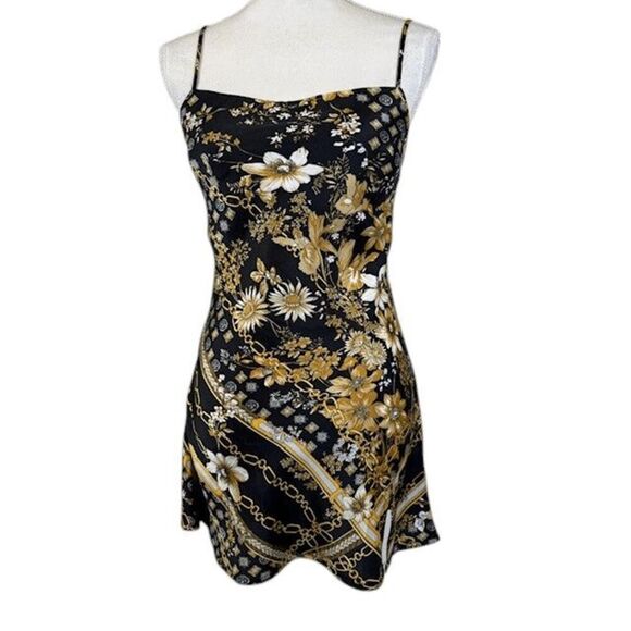 Princess Polly Lucci Mini Dress Chain Floral Slip Dress Black Gold Print Size 4 - Picture 2 of 11